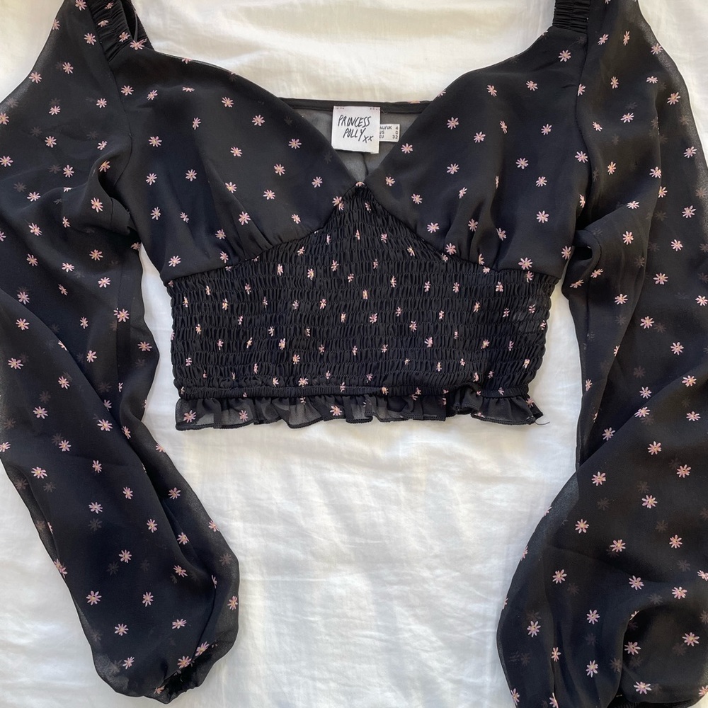 Princess Polly Navy Floral Balloon Sleeve Top